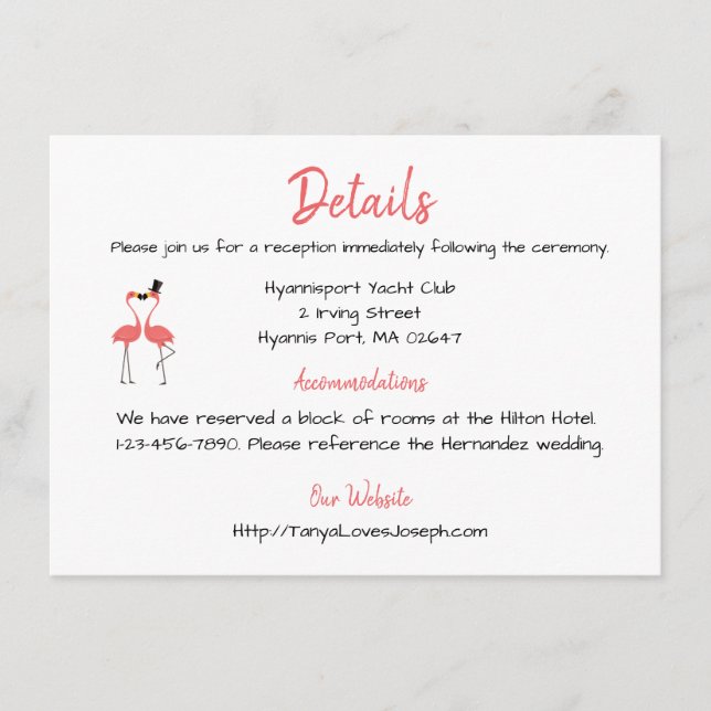 Tarjeta De Recepción Boda Flamingo Rosa Detalles del Luau de Verano Tro (Anverso)