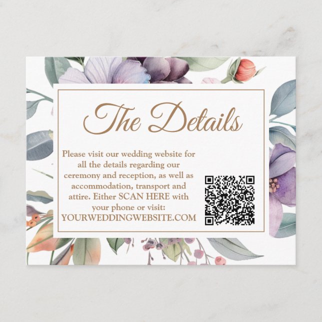 Tarjeta De Recepción Boda floral acuarela detalle código QR (Anverso)