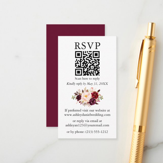 Tarjeta De Recepción Boda floral acuarela QR Burgundy RSVP (Anverso/Reverso In Situ)
