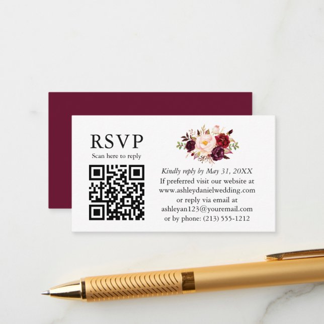 Tarjeta De Recepción Boda floral acuarela QR RSVP Borgoña (Anverso/Reverso In Situ)