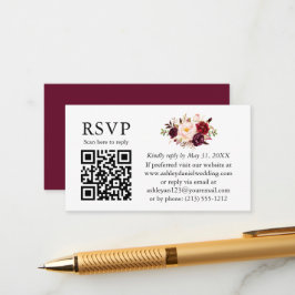 Tarjeta De Recepción Boda floral acuarela QR RSVP Borgoña