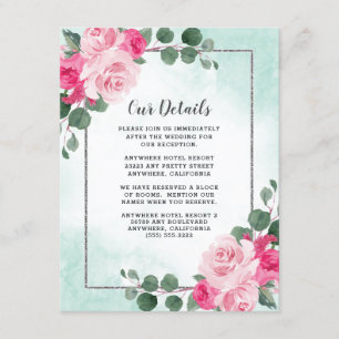 Tarjeta De Recepción Boda floral acuarela rosa verde y plata
