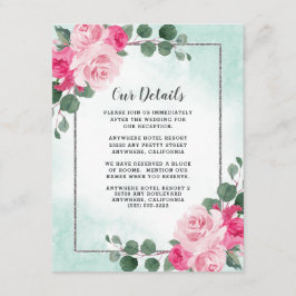 Tarjeta De Recepción Boda floral acuarela rosa verde y plata