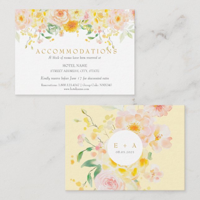 Tarjeta De Recepción Boda floral amarillo de mantequilla romántica (Anverso / Reverso)
