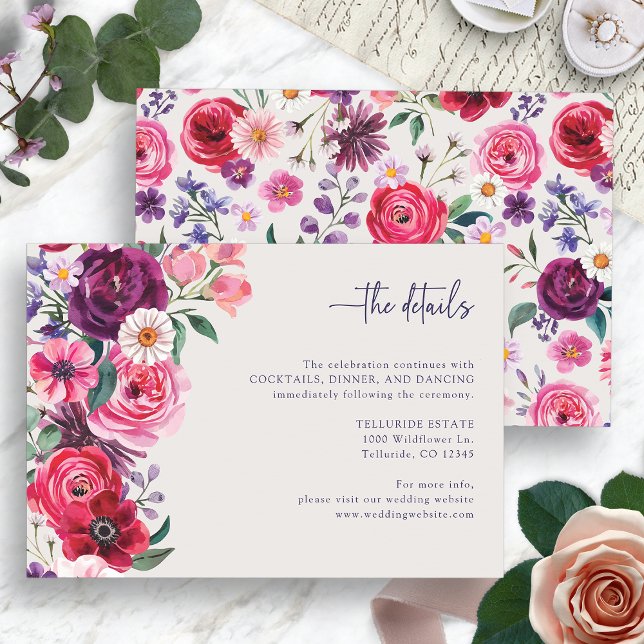 Tarjeta De Recepción Boda floral audaz (Bold Floral Wedding The Details Enclosure Card by Painted Paperie
)
