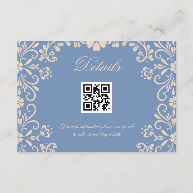 Tarjeta De Recepción Boda Floral azul azul  Qr Detalles del código (Anverso)