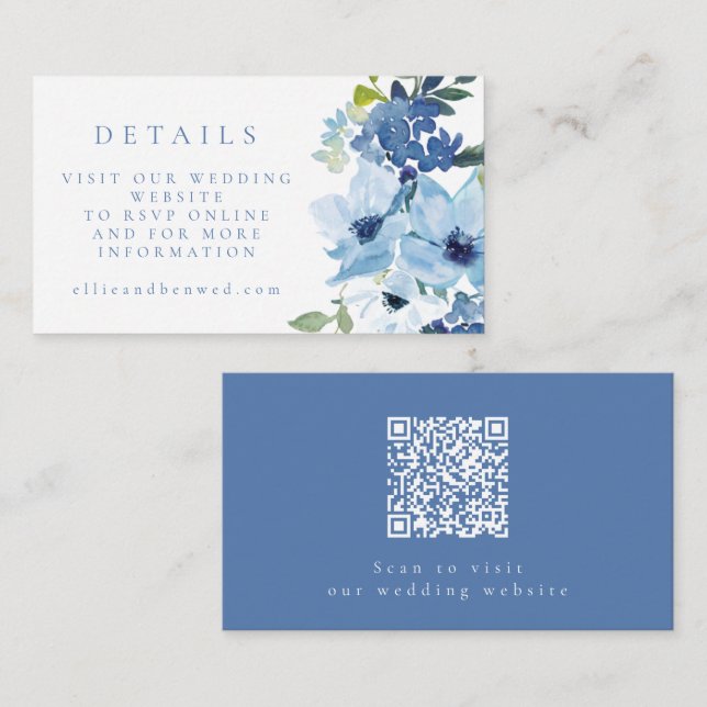 Tarjeta De Recepción Boda floral azul claro RSVP Código QR (Anverso / Reverso)