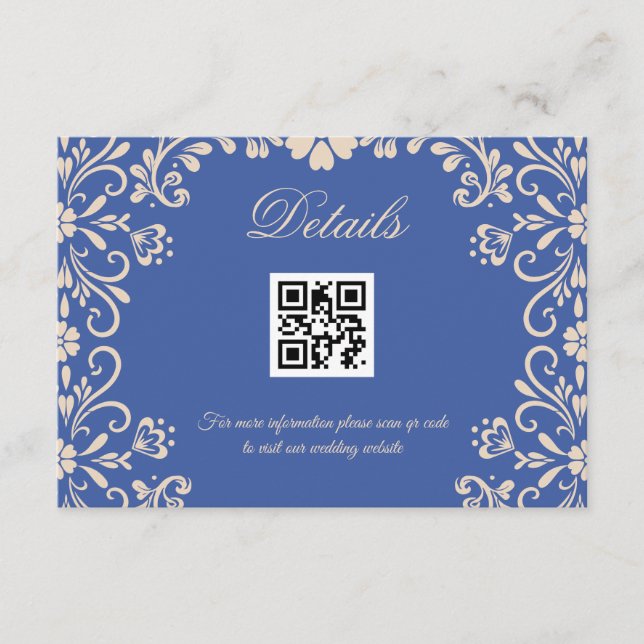 Tarjeta De Recepción Boda floral Azul código Qr Detalles (Anverso)