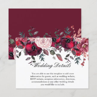 Tarjeta De Recepción Boda floral azul de Rubor en la sangre de Borgoña