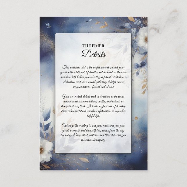 Tarjeta De Recepción Boda floral azul marino y dorado (Anverso)