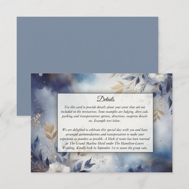 Tarjeta De Recepción Boda floral azul marino y dorado (Anverso / Reverso)