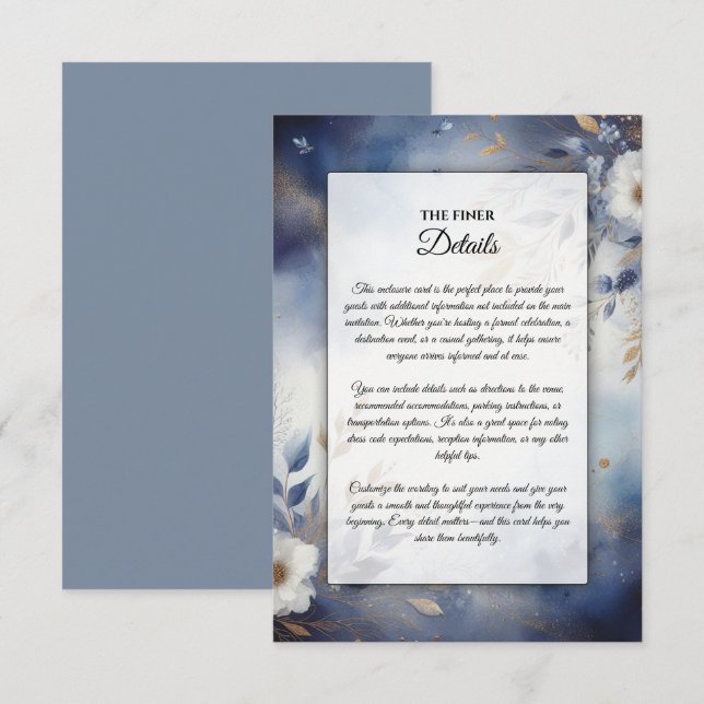 Tarjeta De Recepción Boda floral azul marino y dorado (Anverso / Reverso)