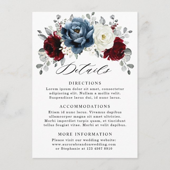 Tarjeta De Recepción Boda floral azul pizarra borgoña blanco marfil  (Anverso)