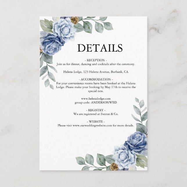 Tarjeta De Recepción Boda floral azul polvoriento (Anverso)