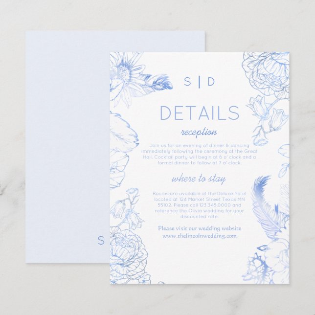 Tarjeta De Recepción Boda Floral Azul Rústica (Anverso / Reverso)