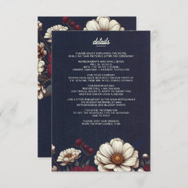 Tarjeta De Recepción Boda Floral Azul y Borgoña de la Marina