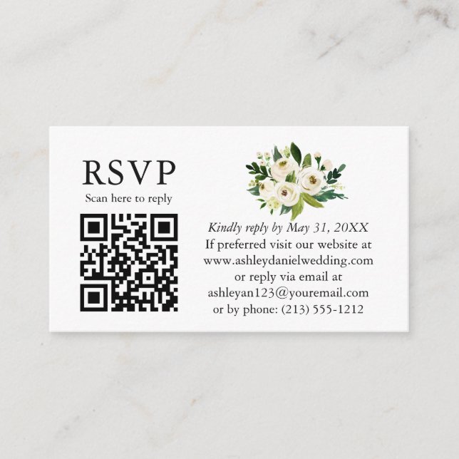 Tarjeta De Recepción Boda Floral blanca verde acuarela QR RSVP (Anverso)