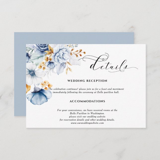 Tarjeta De Recepción Boda floral blanco azul grisáceo dorado  (Anverso / Reverso)