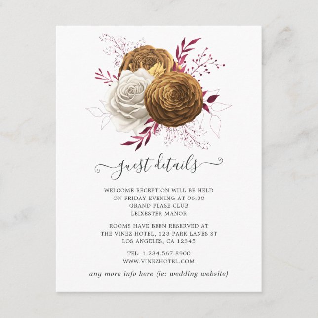 Tarjeta De Recepción Boda floral blanco, borgoñoso y dorado (Anverso)