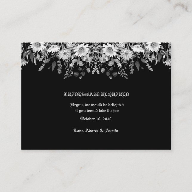 Tarjeta De Recepción Boda Floral Blanco Negro Dama de Honor (Anverso)