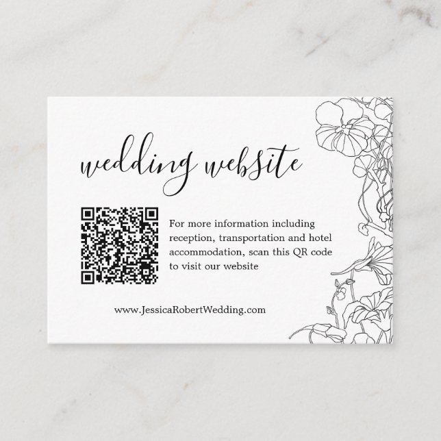 Tarjeta De Recepción Boda floral blanco y negro Detalles del código QR (Anverso)