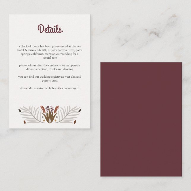 Tarjeta De Recepción Boda floral botánico cálido de Boho moderno (Anverso / Reverso)