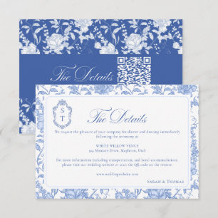 Tarjeta De Recepción Boda Floral Chinoiserie Monograma Azul Delft