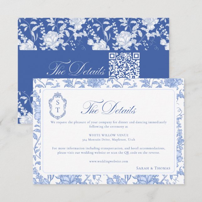 Tarjeta De Recepción Boda Floral Chinoiserie Monograma Azul Delft (Anverso / Reverso)