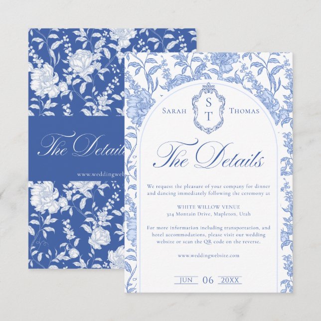 Tarjeta De Recepción Boda Floral Chinoiserie Monograma Azul Delft (Anverso / Reverso)