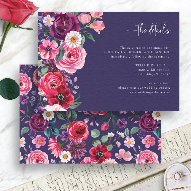 Tarjeta De Recepción Boda floral colorida (Colorful Navy Blue Floral Wedding Enclosure Card by Painted Paperie
)
