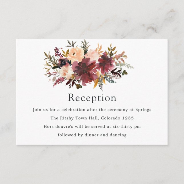 Tarjeta De Recepción Boda floral de acuarela de Bordo Peach (Anverso)