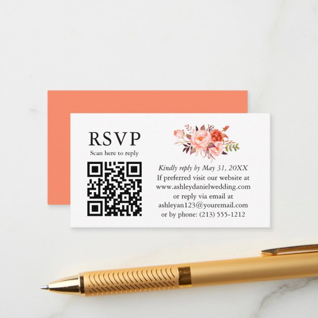 Tarjeta De Recepción Boda floral de acuarela QR RSVP (Anverso/Reverso In Situ)