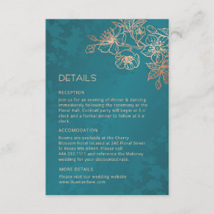 Tarjeta De Recepción Boda Floral de Arte de Línea en Rosa Dorado y Turq