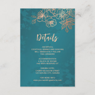 Tarjeta De Recepción Boda Floral de Arte de Línea en Rosa Dorado y Verd
