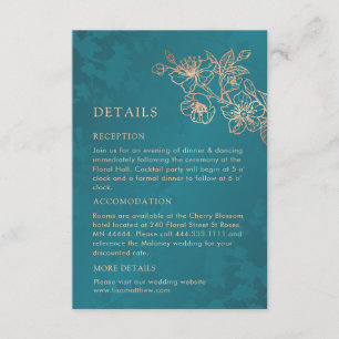 Tarjeta De Recepción Boda Floral de Arte de Línea en Rosa Dorado y Verd
