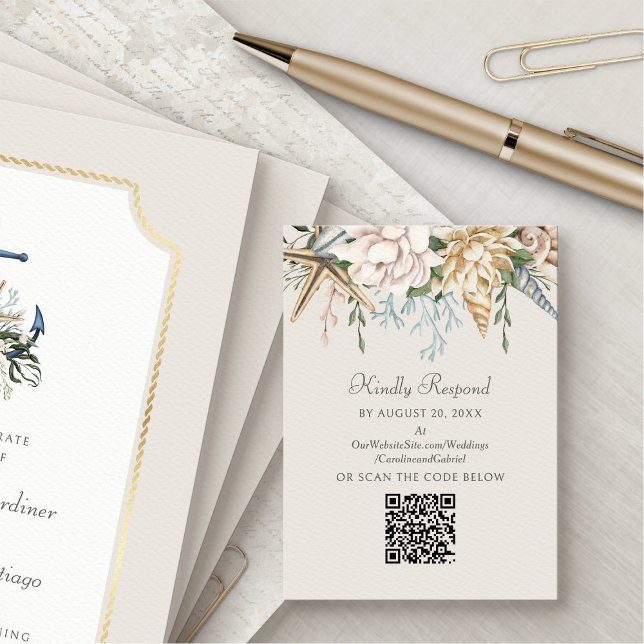 Tarjeta De Recepción Boda floral de cascos marinos RSVP QR (Subido por el creador)