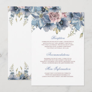 Tarjeta De Recepción Boda floral de color azul turbio y malva