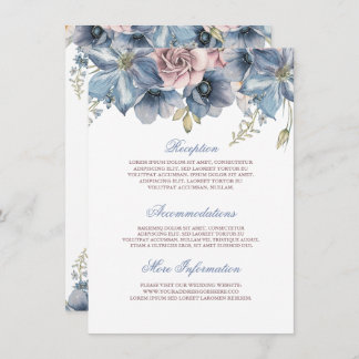 Tarjeta De Recepción Boda floral de color azul turbio y malva