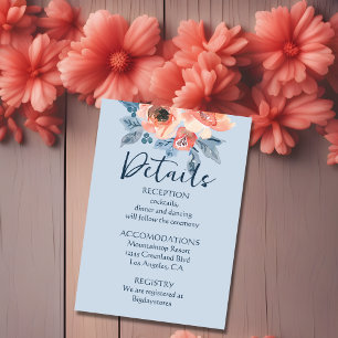 Tarjeta De Recepción Boda floral de color azul y coral rosado oscuro