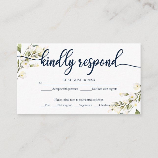 Tarjeta De Recepción Boda floral de crema blanca RSVP Marina Azul (Anverso)