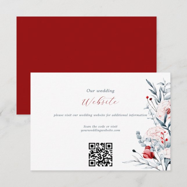 Tarjeta De Recepción Boda Floral De Flores Rojas Y Azules Código QR (Anverso / Reverso)