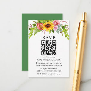 Tarjeta De Recepción Boda floral de girasol al acuarela QR RSVP verde