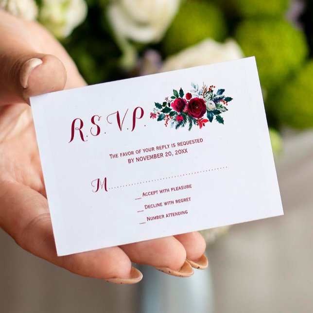 Tarjeta De Recepción Boda floral de invierno rojo borgoña presupuestada (Subido por el creador)