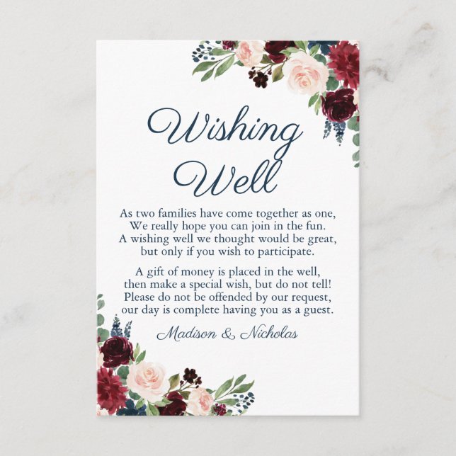 Tarjeta De Recepción Boda floral de la Marina y Marsala deseando buenas (Anverso)
