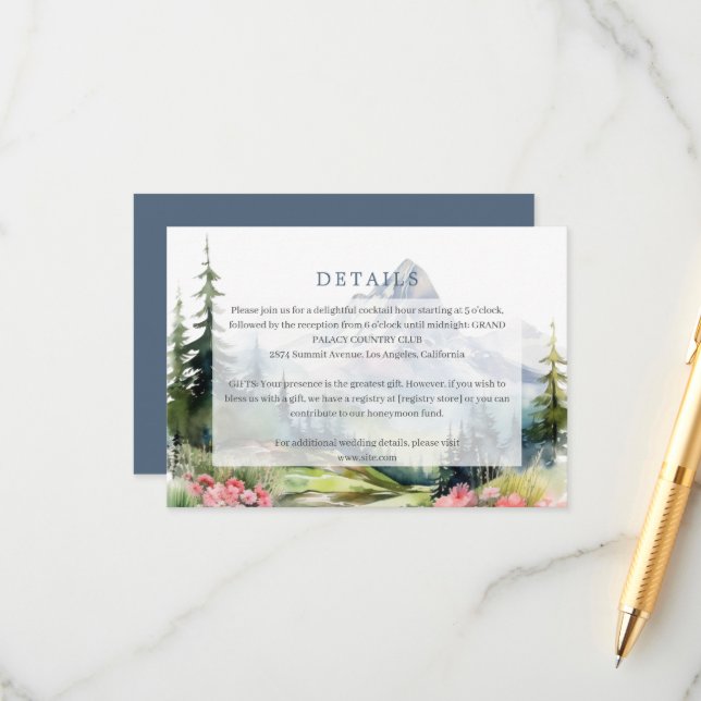 Tarjeta De Recepción Boda floral de las montañas de primavera gabinete  (Anverso/Reverso In Situ)