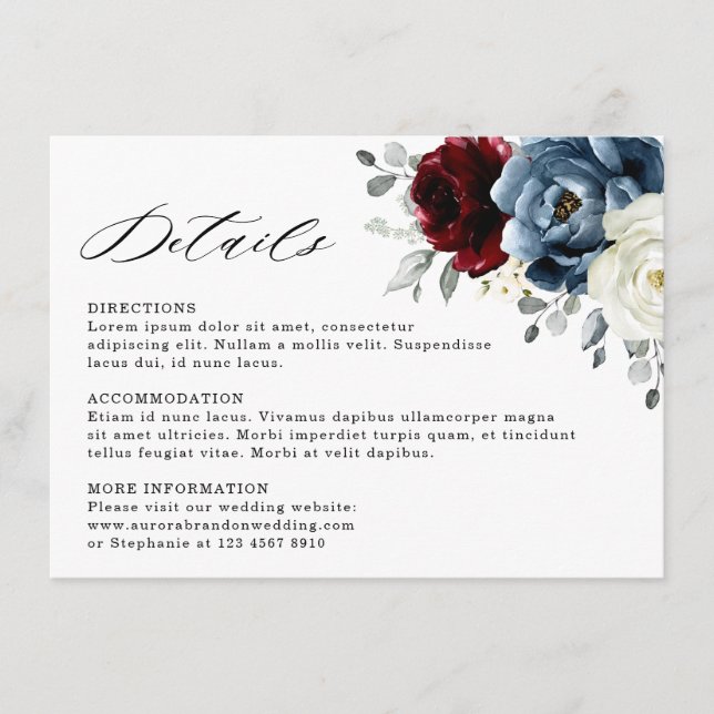 Tarjeta De Recepción Boda floral de marfil blanco de borgoña azul pizar (Anverso)