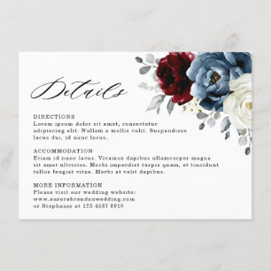 Tarjeta De Recepción Boda floral de marfil blanco de borgoña azul pizar