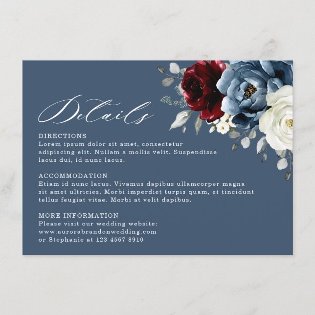 Tarjeta De Recepción Boda floral de marfil blanco en pizarra azul borgo (Anverso)