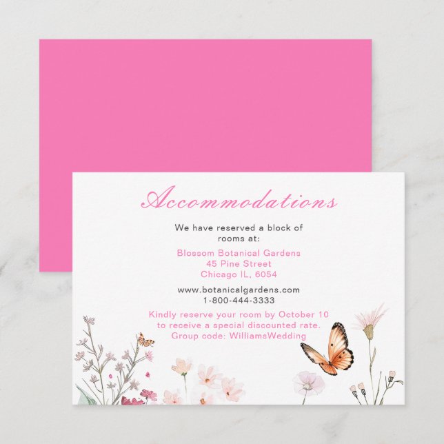 Tarjeta De Recepción Boda floral de mariposa rosa profunda primavera (Anverso / Reverso)
