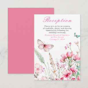 Tarjeta De Recepción Boda floral de mariposa rosada de primavera